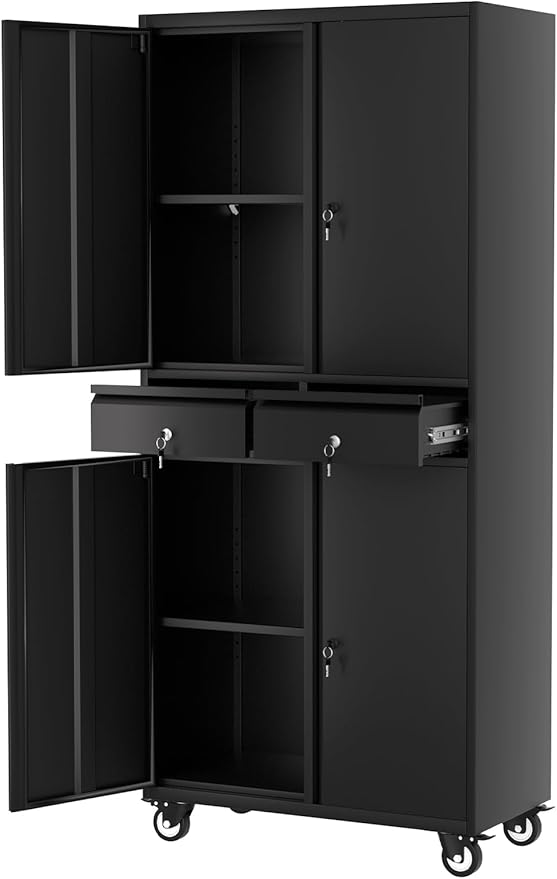 GarveeHome 72" Metal Storage Cabinet with Wheels, Locking Doors & 2 Drawers,Heavy Duty Rolling Garage Organizer with 3 Adjustable Shelves (with Wheels, with 2 Draws)