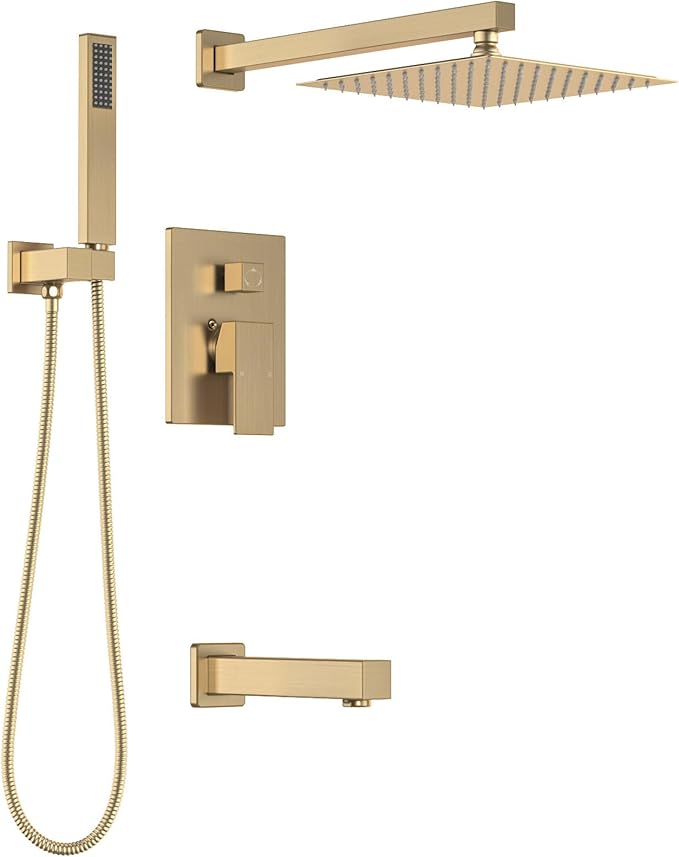 Lava Odoro Modern 3-Setting Square Shower and Tub Faucet Set with Shower Head and Handheld Sprayer Gold, Rainfall Shower System with Tub Spout, Shower Valve Trim Kit, Champagne Gold, SF103-SG-T