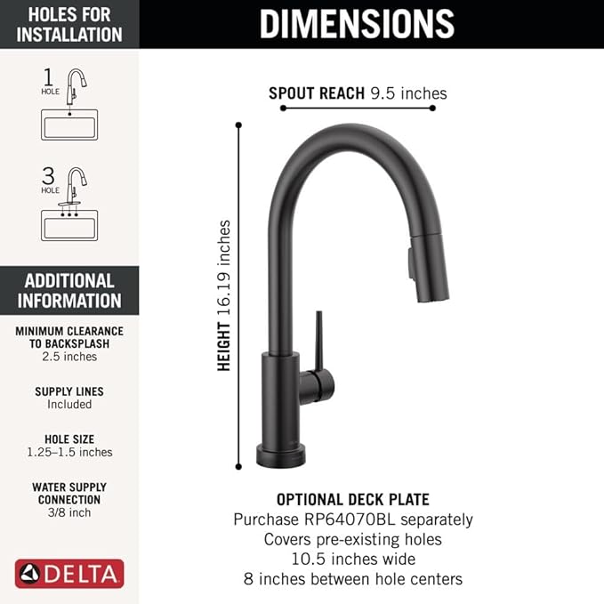 Delta Trinsic Matte Black Touch Kitchen Faucet with Pull Down Sprayer, Modern Single Hole Touch On Kitchen Sink Faucet, Single Handle, Matte Black 9159T-BL-DST