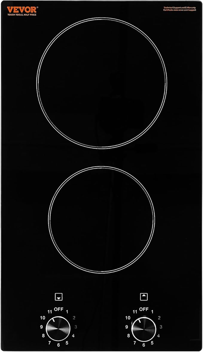 VEVOR Electric Ceramic Cooktop, Built-in Electric Stove Top, with Glass Panel, Knob Control, 11 Heat Levels, for Diverse Cooking Requirements (12inch-2burners/220V)