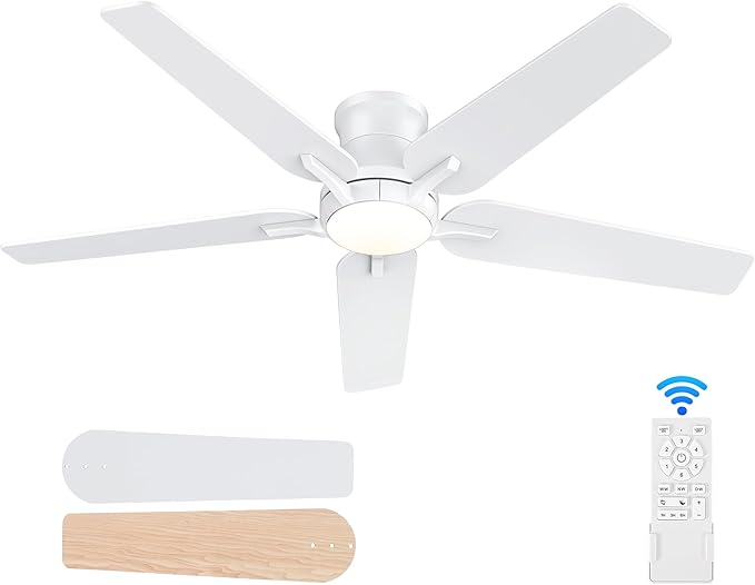 52 Inch White Ceiling Fans with Lights and Remote, Flush Mount Low Profile Ceiling Fan for Bedroom, Living Room, Patio, Dimmable 6 Speeds Noiseless Reversible, ETL Listed