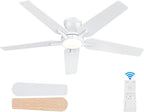 52 Inch White Ceiling Fans with Lights and Remote, Flush Mount Low Profile Ceiling Fan for Bedroom, Living Room, Patio, Dimmable 6 Speeds Noiseless Reversible, ETL Listed