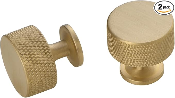 Urnew- 2 Pack Solid Brass Kitchen Cabinet Knobs Gold Dresser Drawer Knobs Knurled Door Pulls for Vanity Table Cupboard Closet Kitchen Hardware Gold