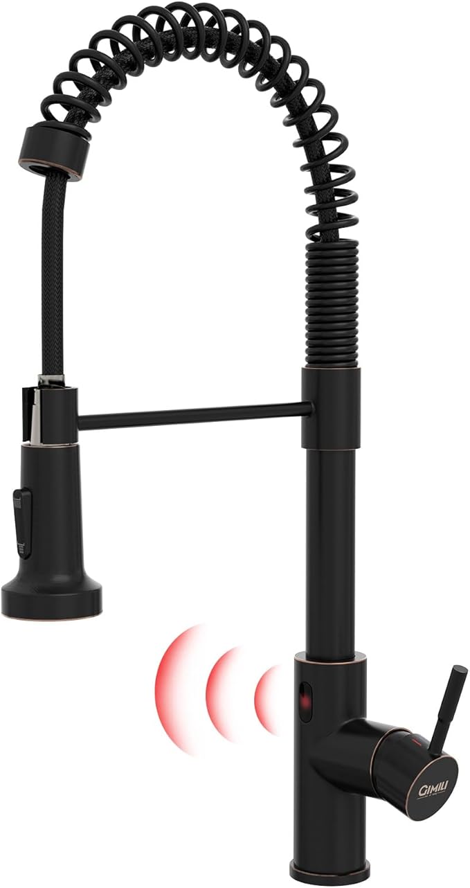 GIMILI Oil Rubbed Bronze Touchless Kitchen Faucet with Pull Down Sprayer Motion Sensor Smart Hands-Free Activated Single Hole Spring Faucet for Kitchen Sink