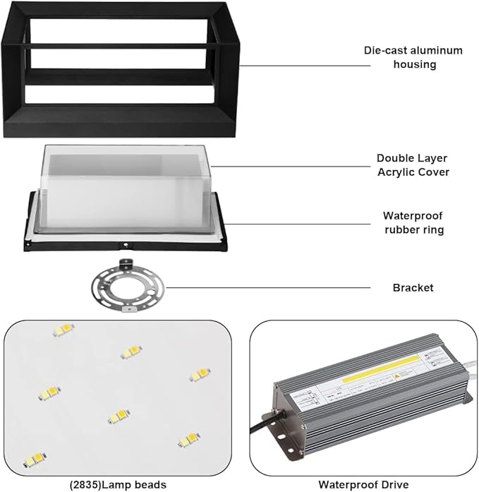 ledmo Outdoor LED Wall Porch Light, 1800LM 6000K Modern Sconce Light Fixture, 18W IP65 Waterproof Anti-Rust Wall Light, Frame Exterior Wall Lights for Patio, Yard, Garage, House, 4 Pack
