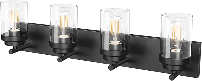 Bathroom Vanity Light Fixture with Clear Glass Shade, 4-Light Matte Black Bathroom Light Fixtures Over Mirror, Modern Vanity Lighting Fixtures for Bathroom/Living Room/Bedroom, E26 lamp Holder