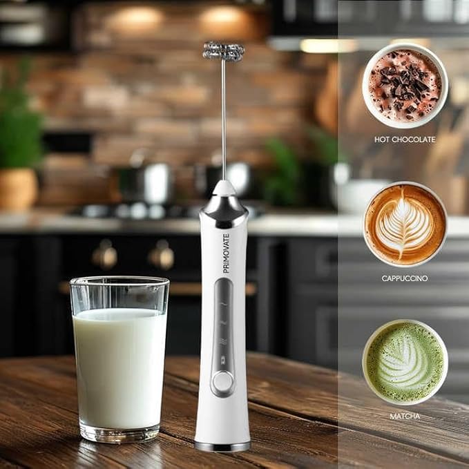 Rechargable Milk Frother, Handheld Drink Mixer with Whisk Attachment, 2025 upgraded, powerfull 3 speed motor, Type C charging with charge light, with extra egg mix head (White with Stand)