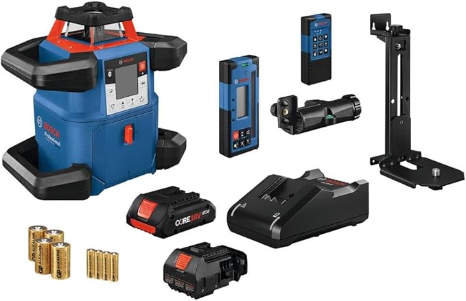 BOSCH GRL4000-80CHV REVOLVE 18V Connected Self-Leveling Horizontal/Vertical Rotary Laser, Includes CORE18V 4 Ah Battery & Charger, Receiver, Wall Mount, Remote Control, Carrying Case, & Accessories