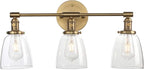 Phansthy 3-Light Wall Sconces Antique Brass Vanity Light, Industrial Wall Lamps with On Off Switch and Clear Glass Lampshade, Vintage Wall Lighting for Bathroom Living Room (Antique, Bell Shade)