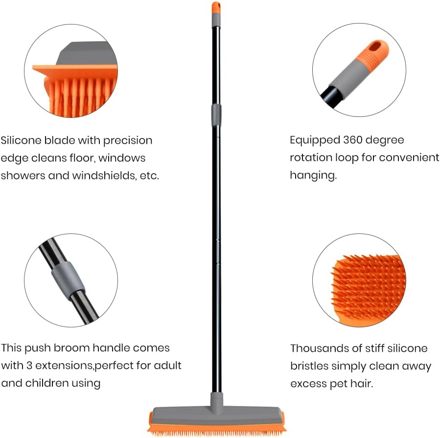 TreeLen Rubber Broom Carpet Rake Pet Hair Remover Broom with Squeegee Extension Push Broom for Carpet Hardwood Floor Tile Windows Cleaning