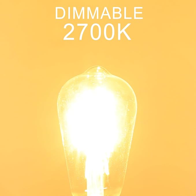 LED Edison Bulbs Dimmable, E26 Bulb 60 watt Equivalent, Soft White 2700K, ST58 Vintage Light Bulbs, 90+ CRI, 6W 600LM, E26 Base, Clear Glass, 6 Pack