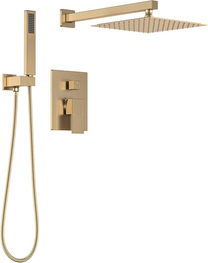 Lava Odoro Modern 3-Setting Square Shower and Tub Faucet Set with Shower Head and Handheld Sprayer Gold, Rainfall Shower System with Tub Spout, Shower Valve Trim Kit, Champagne Gold, SF103-SG-T