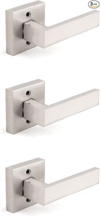 Gobrico 3 Pack Square Door Levers Satin Nickel Decorative Interior Door Locks Handles Square Rosette(Keyless One-Side Door Handles with Screws)