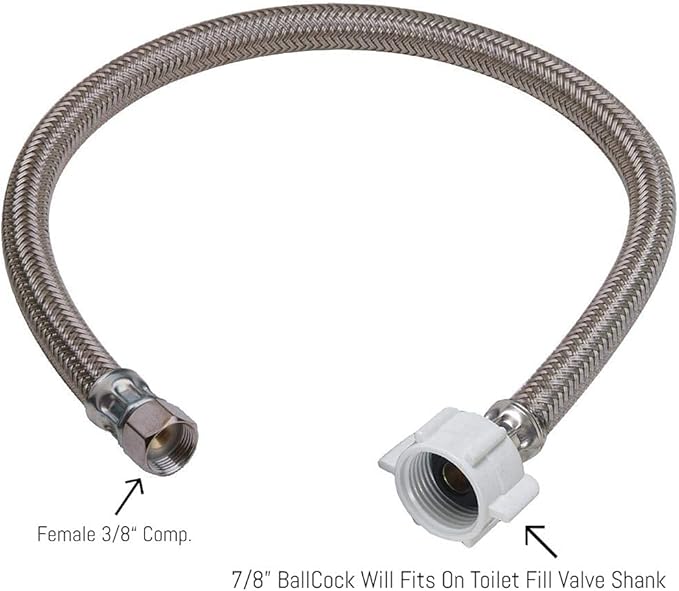EZ-Fluid 9" Toilet Water Supply Connector, Braided Stainless Steel - 3/8“ Female Compression Thread x 7/8” Female Ballcock Thread 9-Inch Toilet Water Connectors Hose (1-PACK)
