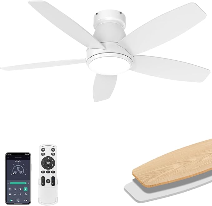 Ceiling Fans with Lights, 42 inch Ceiling Fans with Lights and Remote, Dimmable, Noiseless, Low Profile Ceiling Fan with Light for Bedroom, Indoor and Outdoor Use(White)