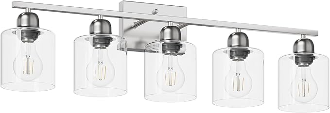 Modern Brushed Nickel 5 Light Bathroom Vanity Light, 31 inch Bathroom Light Fixtures with Clear Glass for Mirror Kitchen Living Room Hallway Cabinet Porch