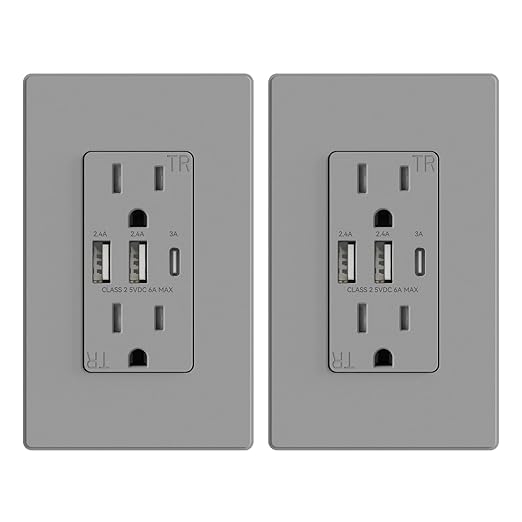 ELEGRP USB Outlets Receptacles, 3-Port Wall Outlet, 30W 6.0A Electrical Outlet, 15 Amp Tamper-Resistant Outlet with Type C Ports, UL Listed, Wall Plate Included, 2 Pack, Matte Gray