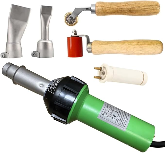 Hot Air Plastic Welder Welding Gun Plastic Repair Welder Kit, 2 Flat Welding Nozzles, 40mm Silicone Seam Roller and Brass Seam Roller