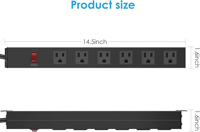 2Pack Metal Wall Mount Power Strip, Mountable Power Outlet with 6 AC Outlets, Aluminum Alloy Mount Power Socket with Switch, 6 FT SJT 3/C 14AWG Power Cord, 15A 125V 1875W (6AC)