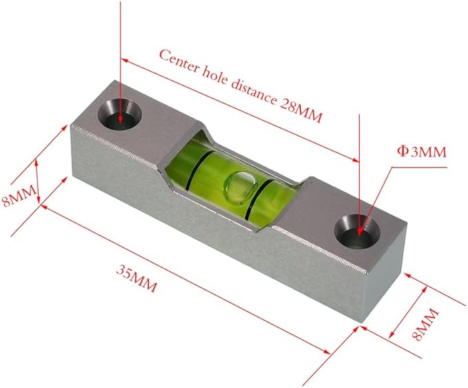 Aluminum alloy small bar level, square horizontal bubble, water level ruler, installation hole adjustable head (35 * 8 * 8mm)