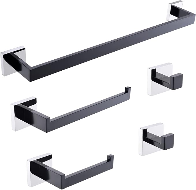 TURS 5-Piece Bathroom Hardware Set Matte Black and Polished Chrome Towel Bar Holder Set Hand Towel Holder Toilet Paper Holder and 2 Towel Hooks,Stainless Steel Wall Mounted