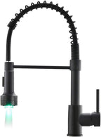 AIMADI Kitchen Faucet with Sprayer, Modern Single Handle Pull Down Sprayer Spring Matte Black Kitchen Sink Faucet with LED Light