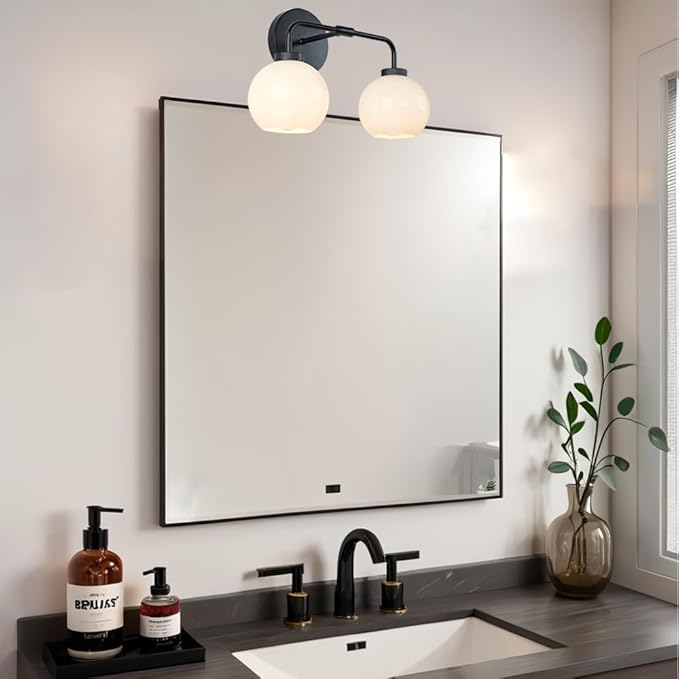 Minimalist Matte Black Metal Finish Glass Globe Double Wall Sconce, 17 Inch Hand-Polished Vanity Light with Milky Glass Shade Over Mirror, Wall Light for Hallway, Bathroom (Milk Glass-Matte Black)
