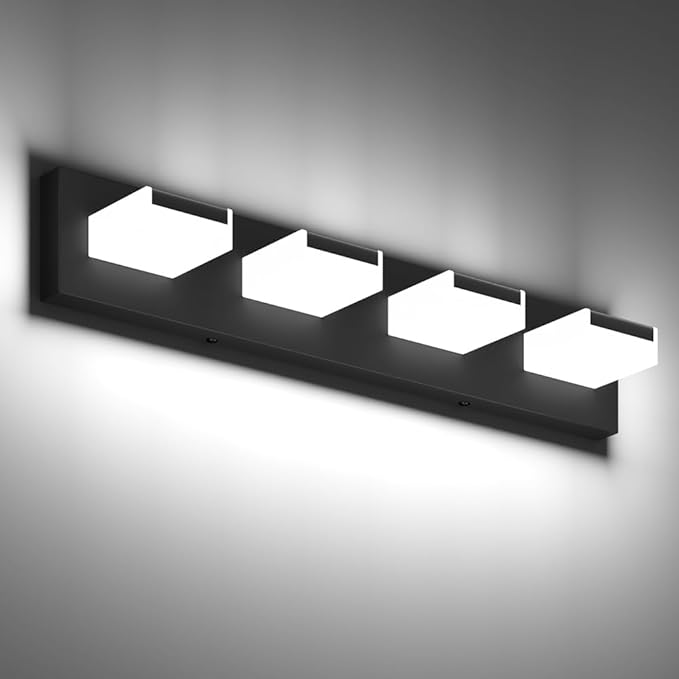 Aipsun Matte Black Bathroom Light Fixtures 4 Lights LED Modern Wall Light Over Mirror (White Light 6000K)