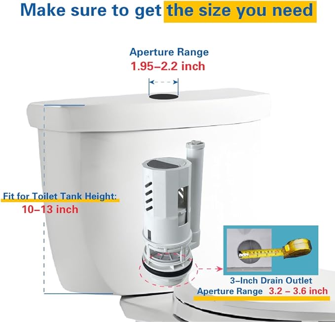 3-Inch Dual Flush Valve Replacement Kit for 2-Piece Toilets, Include Toilet Flush Valve with Push Button, Toilet Fill Valve, Bowl Gasket and Plastic Bolts.