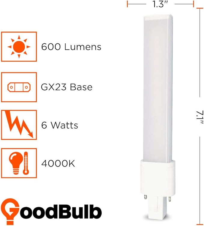GoodBulb 9 Watt Replacement Horizontal LED Plug-in Light Bulbs | Commercial 6 Watt Hybrid 2 Pin GX23 Base 4000K Cool White | High Output 600 Lumens | 180° Beam LED PL Light Bulbs | 10 Pack