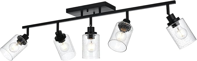 5-Light Track Lighting Fixtures, Black Flush Mount Ceiling Light Bathroom Wall Sconce Spotlight, Seeded Glass Shade