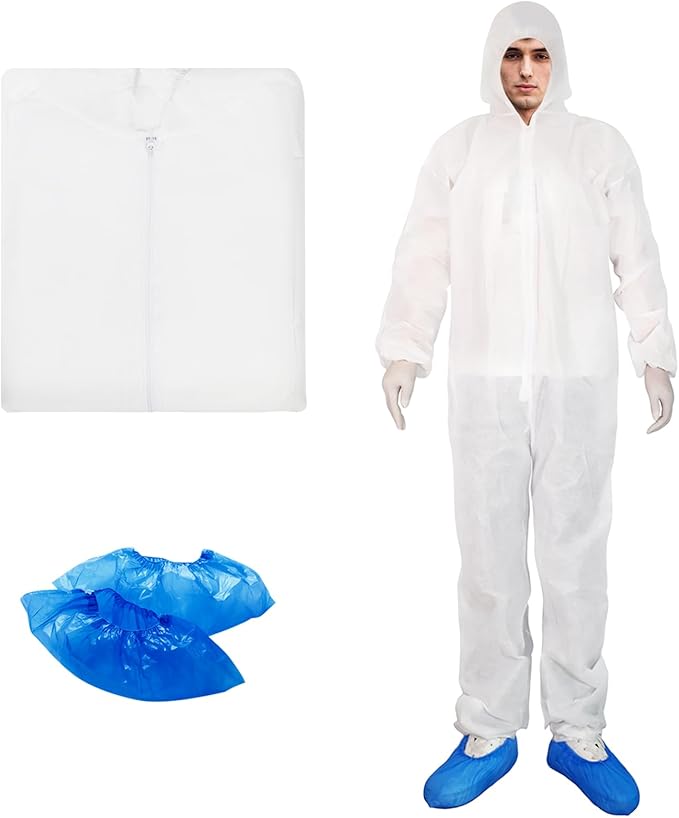 ETERNA Hazmat Suits- 1 Pack Disposable Protective Coveralls with Hood, Zipper, Elastic Wrists, Shoe Covers for Men & Women, Shield from Dirt, Dust, Paint (White, XXXL)