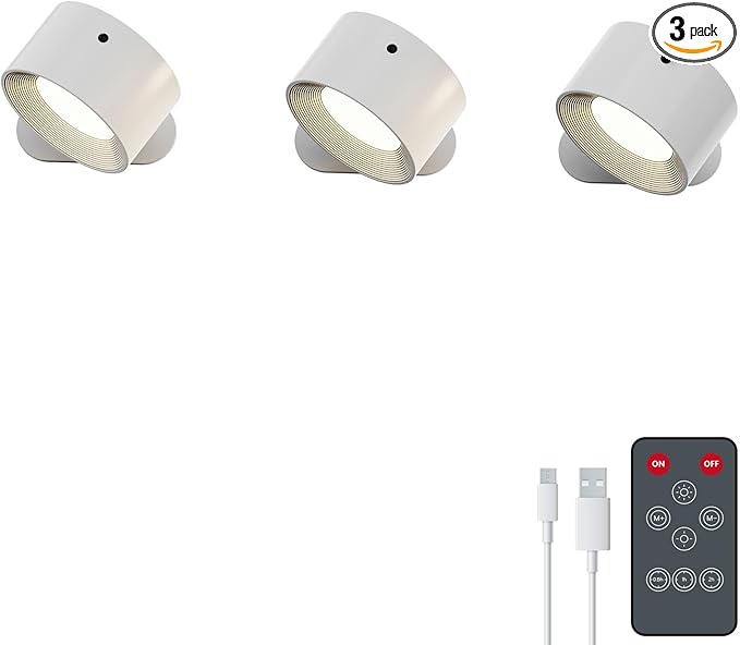 Koopala 3PACK Rechargeable LED Wall Sconce, Cordless Battery with Remote, Powered Wall Sconce, 3 Brightness Levels, 360° Swivel Magnetic Shade for Bedrooms, Hallways, Den and Reading Spaces（White）