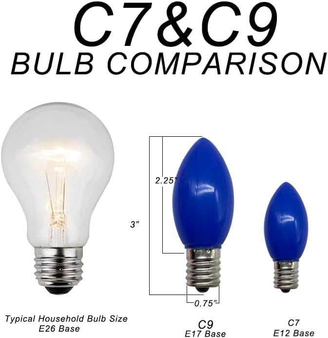 25 Pack C9 LED Replacement Christmas Light Bulbs, E17 Base Led Bulb Outdoor Christmas Lights, Waterproof Commercial Grade Holiday Decoration Replacement Bulbs for String Lights (Blue)