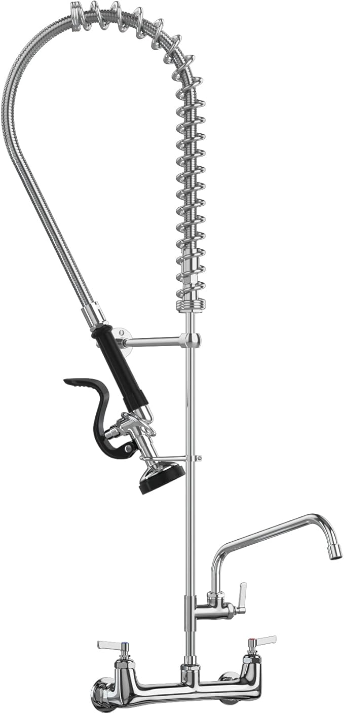 Commercial Faucet with Sprayer 8 Inch Center 42" Height Commercial Wall Mount Faucet Pre-Rinse Kitchen Sink Fuacet with 12" Swing Spout Fit for 3 Compartment Sink