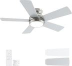 42 Inch Brushed Nickel Ceiling Fans with Lights and Remote, LED Low Profile Flush Mount Ceiling Fan for Bedroom, Living Room, Patio, Quiet DC Motor, 5 Blades