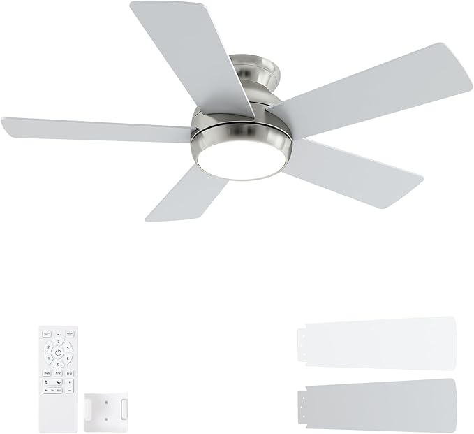 42 Inch Brushed Nickel Ceiling Fans with Lights and Remote, LED Low Profile Flush Mount Ceiling Fan for Bedroom, Living Room, Patio, Quiet DC Motor, 5 Blades
