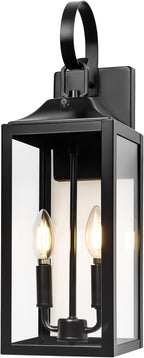 Black Dusk to Dawn Outdoor Wall Lantern 2-Light, 19" Large Outside Modern Porch Sconce Light Fixture, Industrial Porch Light Wall Mount with Glass, Waterproof Farmhouse Exterior Lamp Lighting