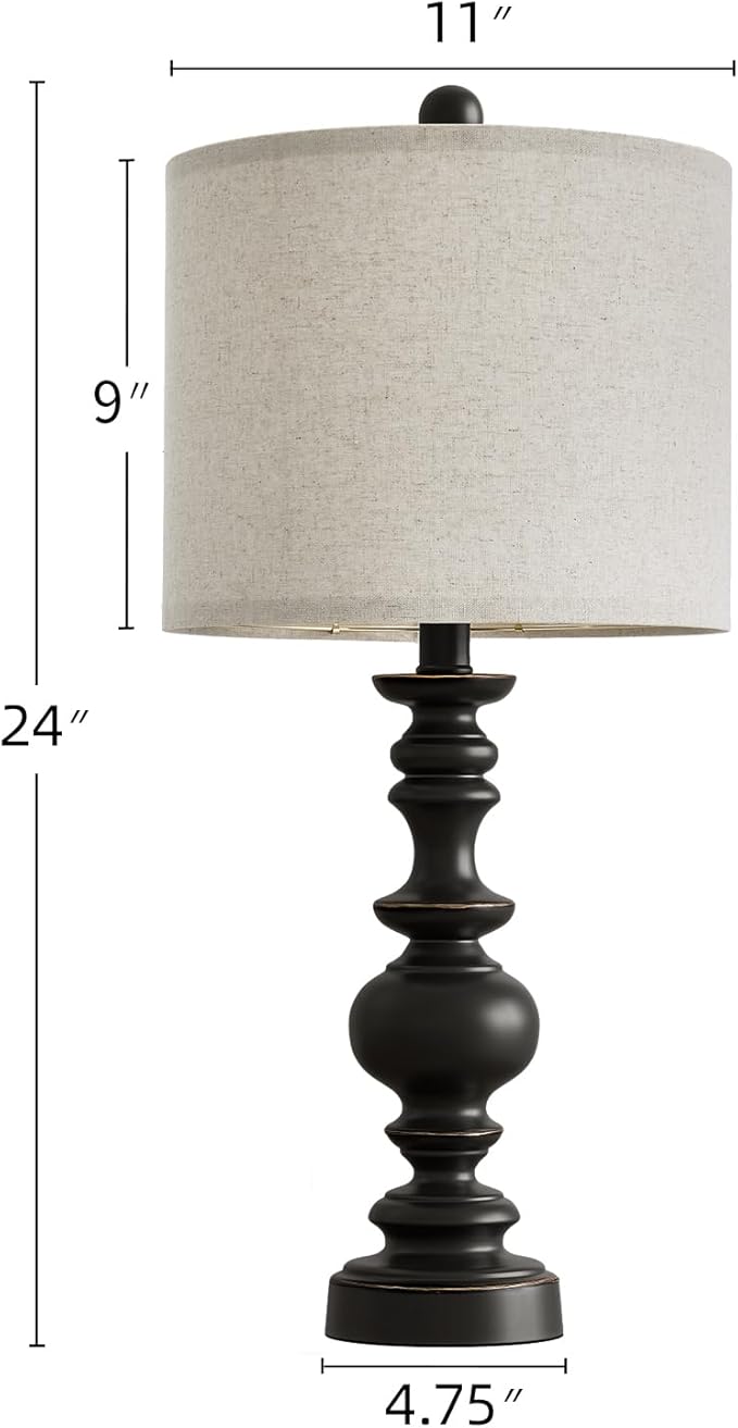 BOBOMOMO 24" Traditional Farmhouse Table Lamp Set of 2, Vintage Resin Lamps for Living Room Bedroom, Rustic Nightstand Lamp with Linen Shades, Retro Black Table Lamps for Living Room, Bedroom, Office