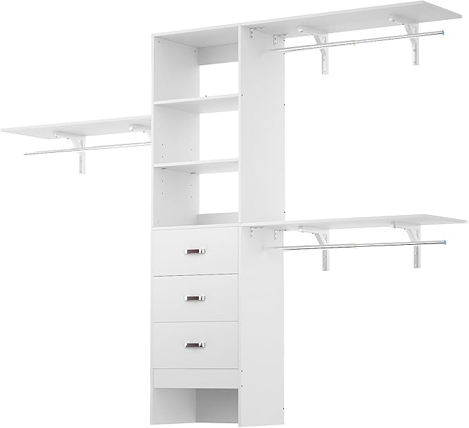 8FT Closet System, 96'' Closet Organizer System with 3 Hanging Rods, Wall Mount Bedroom Wardrobe with 3 Drawers Walk-in Closet, Adjustable Cloth Garment Rack from 5 to 8FT (Cut to Fit), White