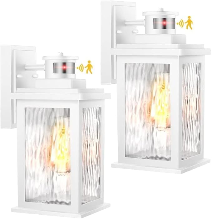 VIANIS 2 Pack Motion Sensor Outdoor Wall Lantern, White Dusk to Dawn Outdoor Lighting Wall Mount, Anti-Rust Waterproof Exterior Light Fixture with Tempered Glass for House Front Porch Garage Entryway