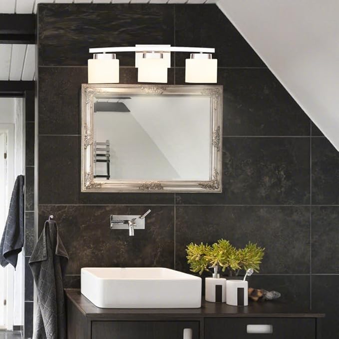 3-Light Bathroom Light Fixture Over Mirror, Modern Chrome Vanity Fixture with Milky Glass Shade, 23 inches Bath Light for Bath Vanity Lighting