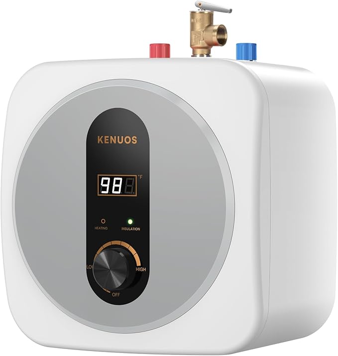 2.5 Gallon Mini Tank Water Heater,Under Sink Instant Hot Water with LED Display,1500W 120V Compact Design Small Water Heater for RV,Kitchen,with 1/2" NPT T&P Valve,3-Way Fitting Valve Grey