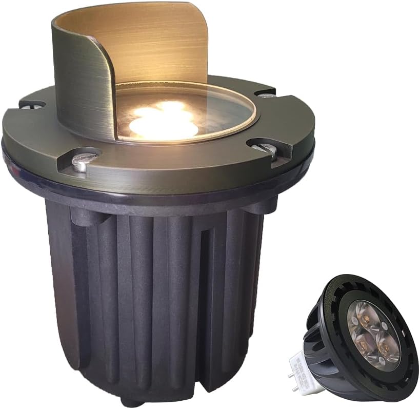 MALORY Brass Top Cover Landscape Well Lights,(6''H) 12V Low Voltage Outdoor In Ground Lights,Anti-Glare Landscape Lighting with 5W 450LM MR16 for Pathway, Driveway (Shield Top, 1-Pack with Bulb)