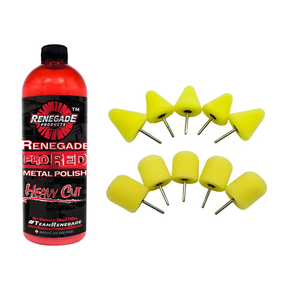 Renegade Products Wheel Window Polishing Bundle – Pro Red Liquid Metal Polish with 1/8" Foam Polishing Cones & Barrels – Drill Attachment Kit for Aluminum & Stainless Steel for Wheels & Tight Spaces