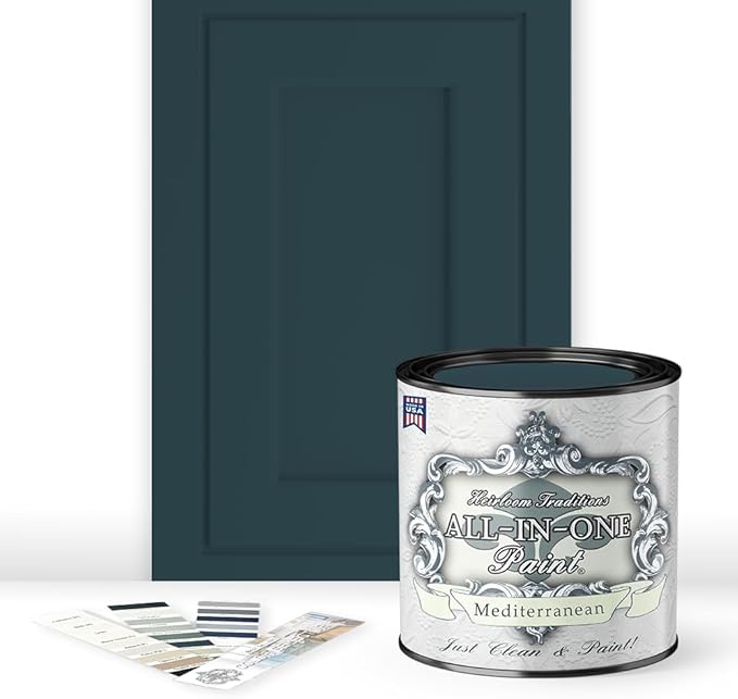 ALL-IN-ONE Paint, Durable cabinet and furniture paint. Built in primer and top coat, no sanding needed. Includes our 30 featured color card - Mediterranean (blue teal), Quart
