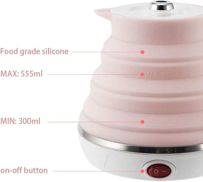 Ultrathin Upgraded Food Grade Silicone Travel Foldable Electric Kettle Boil Dry Protection Portable with Dual Voltage and Separable Power Cord,555ML 110-220V US Plug