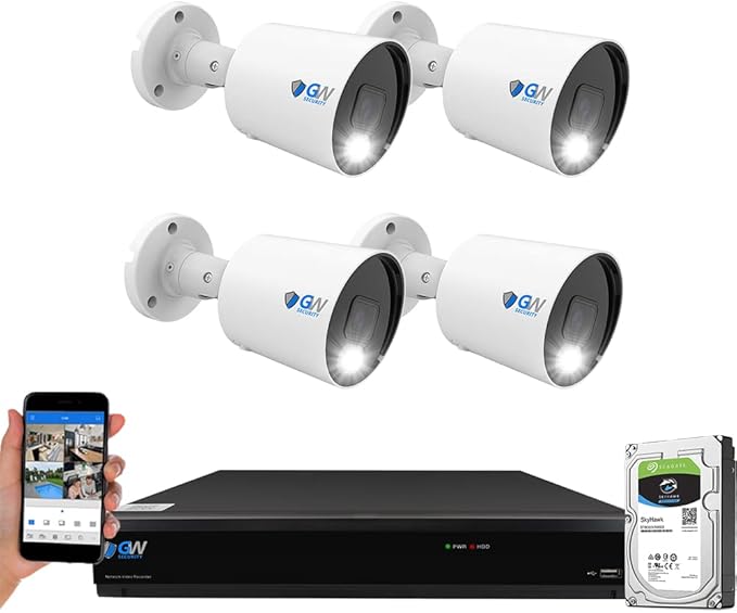 GW Security 8MP Full Time Color Night Vision Security Camera System with AI Face/Human/Vehicle Detection, 8CH 4K DVR and 4 x 3840TVL 8MP Outdoor Microphone Home Coaxial CCTV Cameras, 1TB Hard Drive