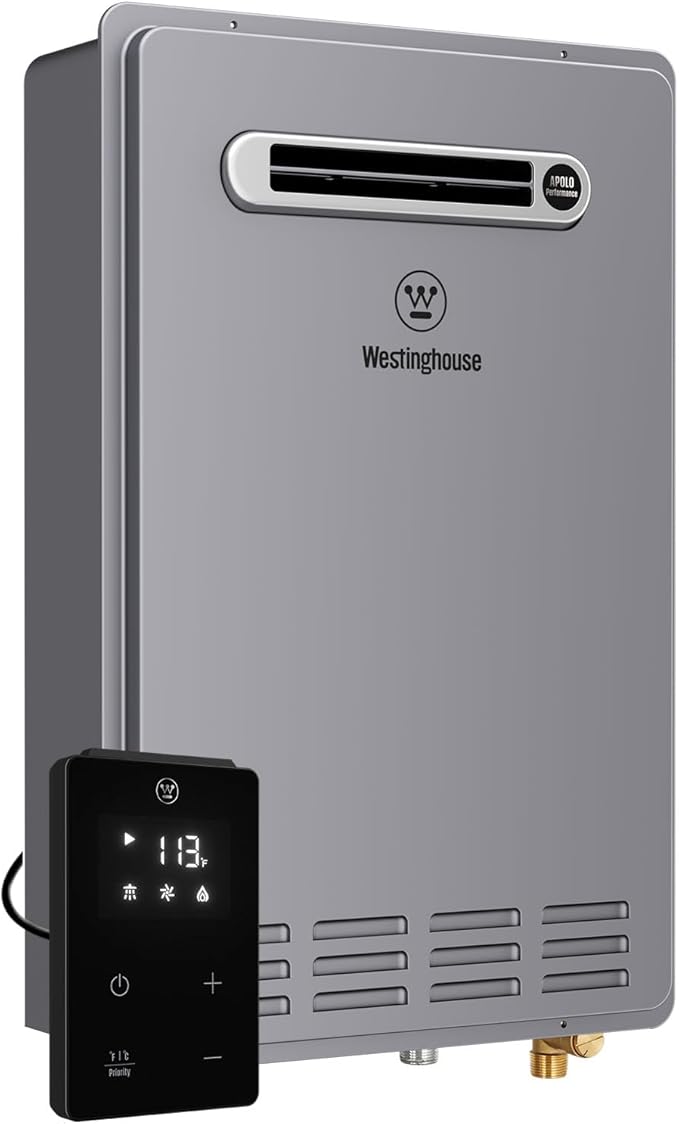 Westinghouse Natural Gas Tankless Water Heater Outdoor Installation Max 8.1 GPM 180,000 BTU, Temp Self Modulating Non Condensing High Efficiency Water Heater for House or Commercial, APOLO Performance