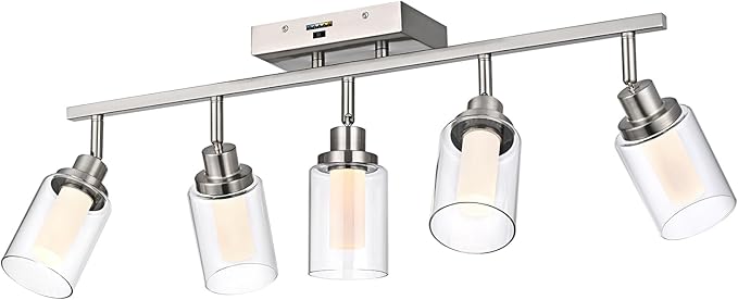 5-Color Temperature 5-Light LED Track Lighting Fixtures Ceiling, Brushed Nickel Spotlight Bathroom Wall Lamp with Integrated LED Chips & Clear Glass Shade & Frosted Column